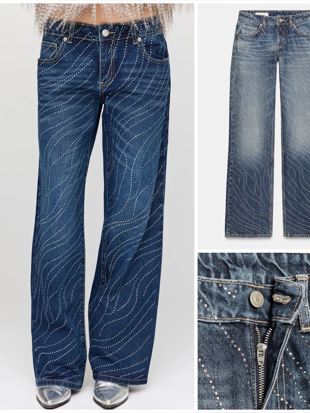 ZARA ~ Low Rise Wide Leg Rhinestone Jeans